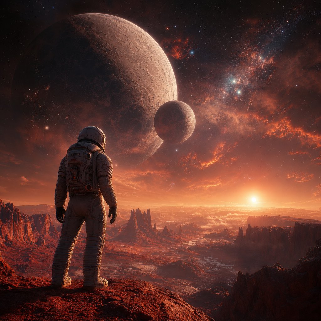 Create an epic cinematic photograph of a lone astronaut s...
