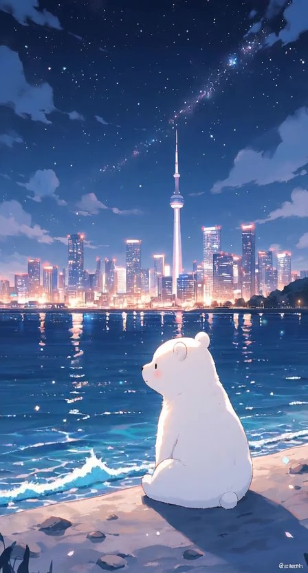 A cute white bear sits alone on the edge of a waterfront ...