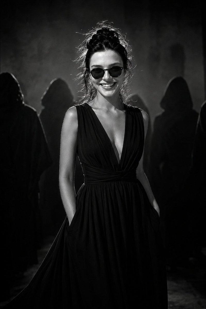 A young woman with tousled dark hair in a loose messy bun...