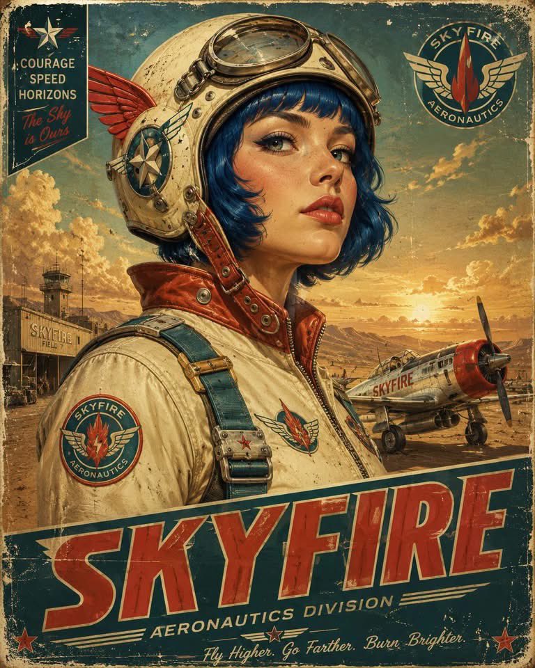 Vintage retro-futurist aviation poster portrait of [Human...