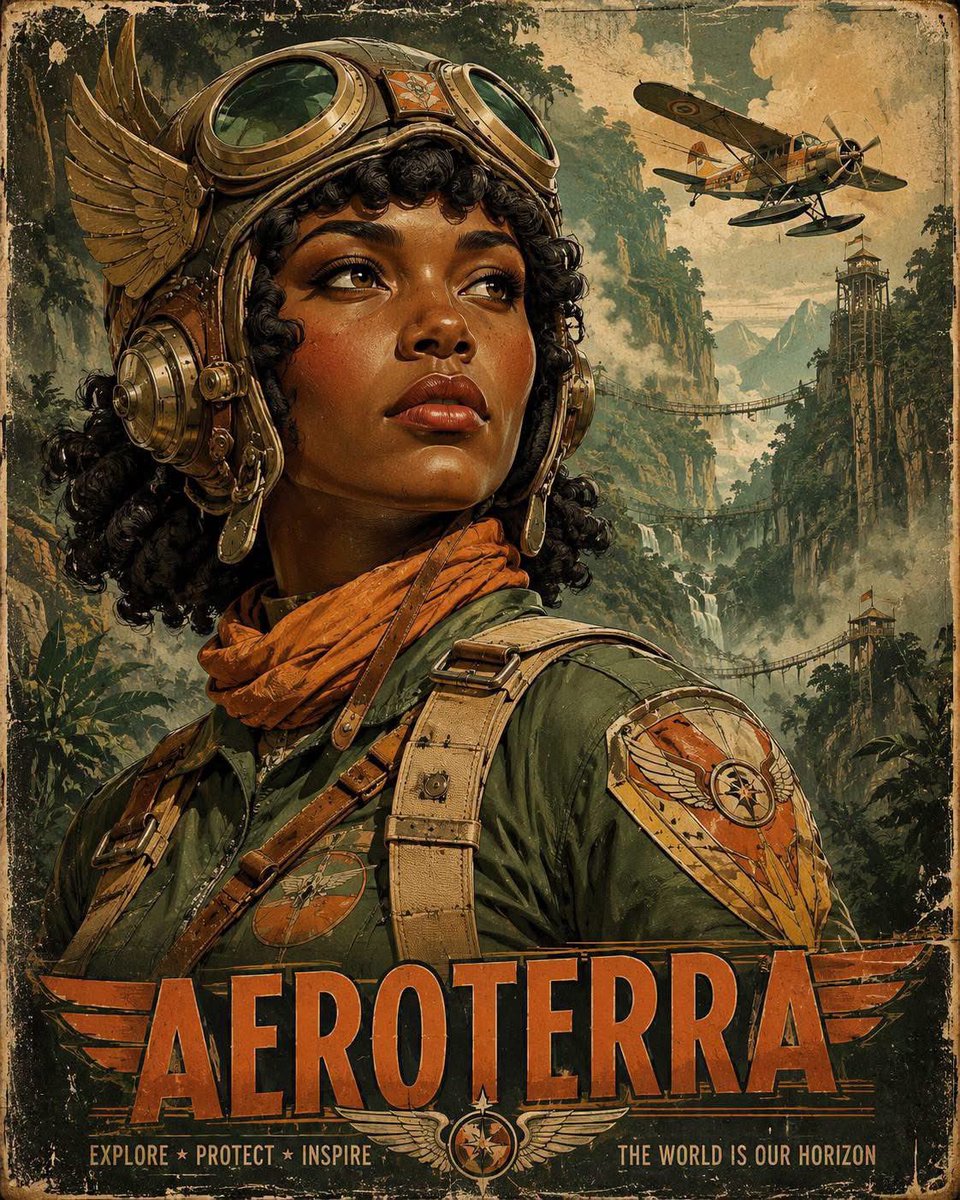 Vintage retro-futurist aviation poster portrait of [Human... - alternate