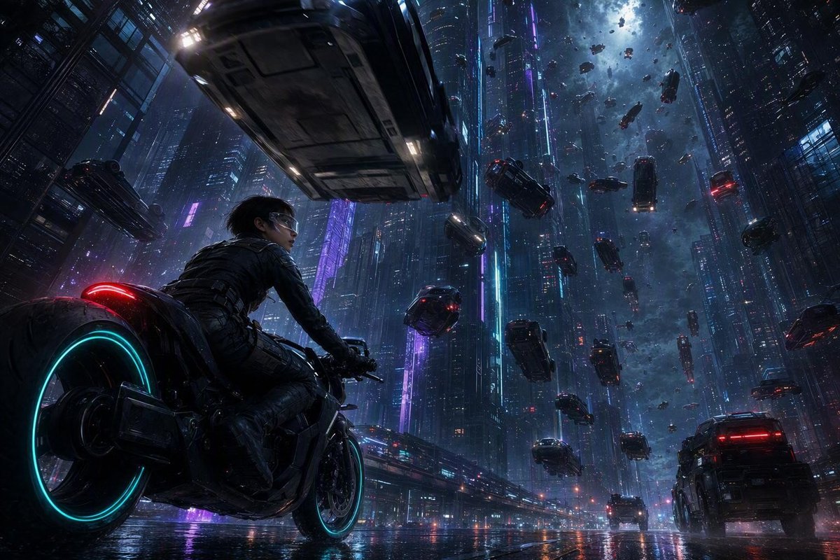 Create a single cinematic keyframe from an original futur...