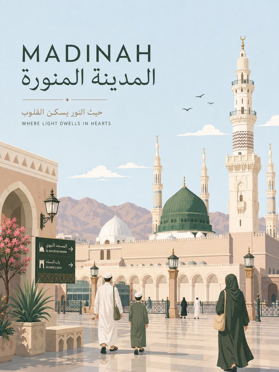 Premium minimalist flat-vector travel poster for Madinah,...