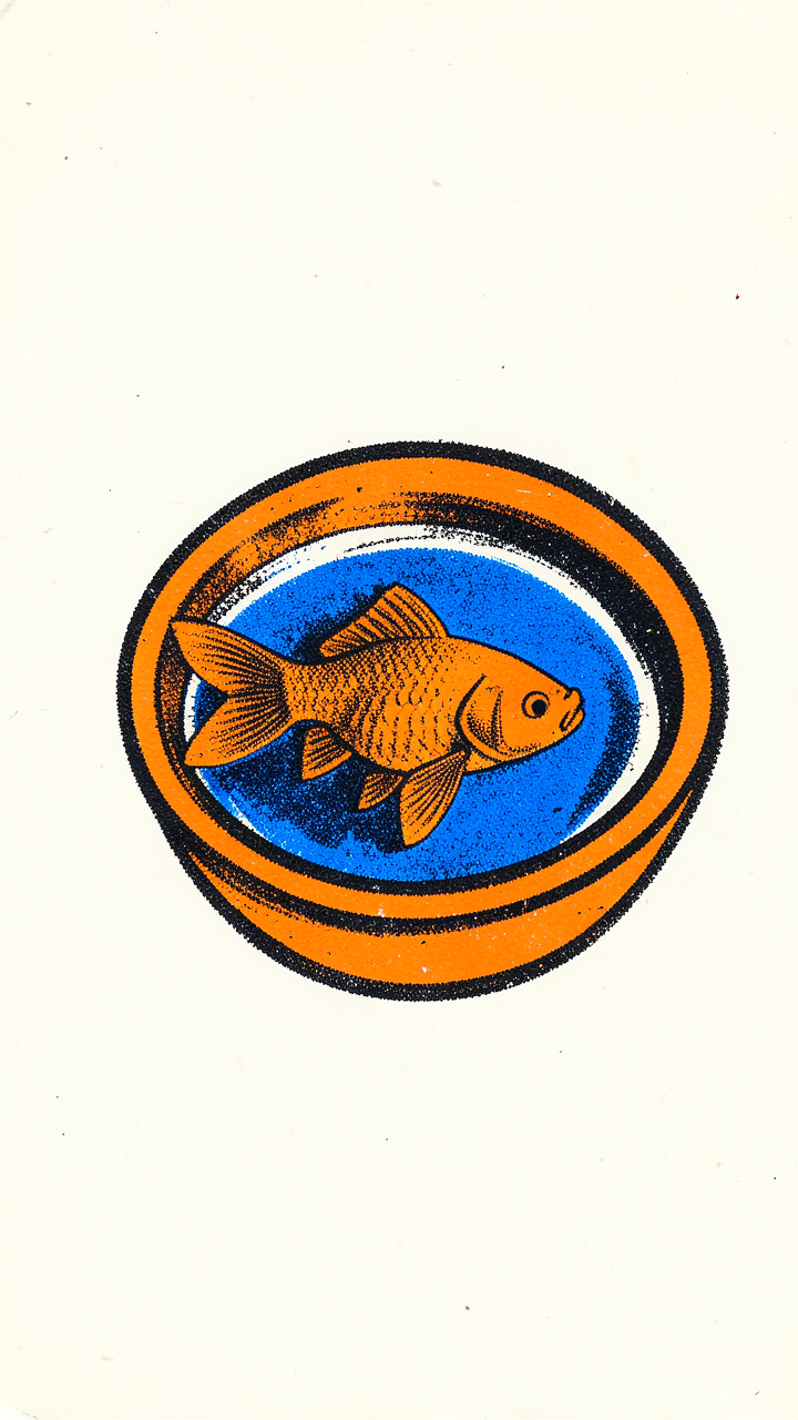 vertical 9:20 risograph print of a single goldfish swimmi...