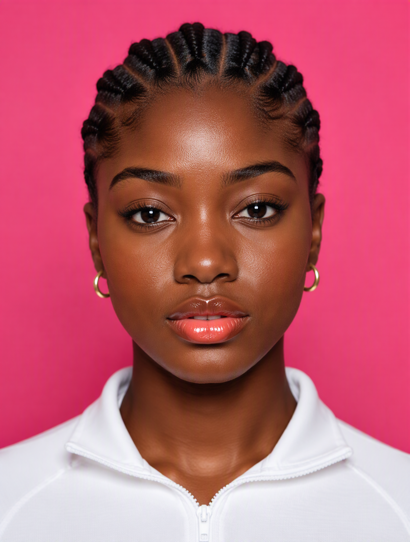 A young Black woman faces the camera in a centered, symme...