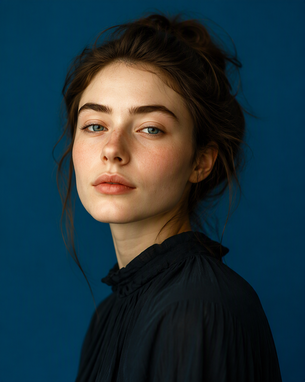 Hyper-realistic editorial portrait of a young woman again...