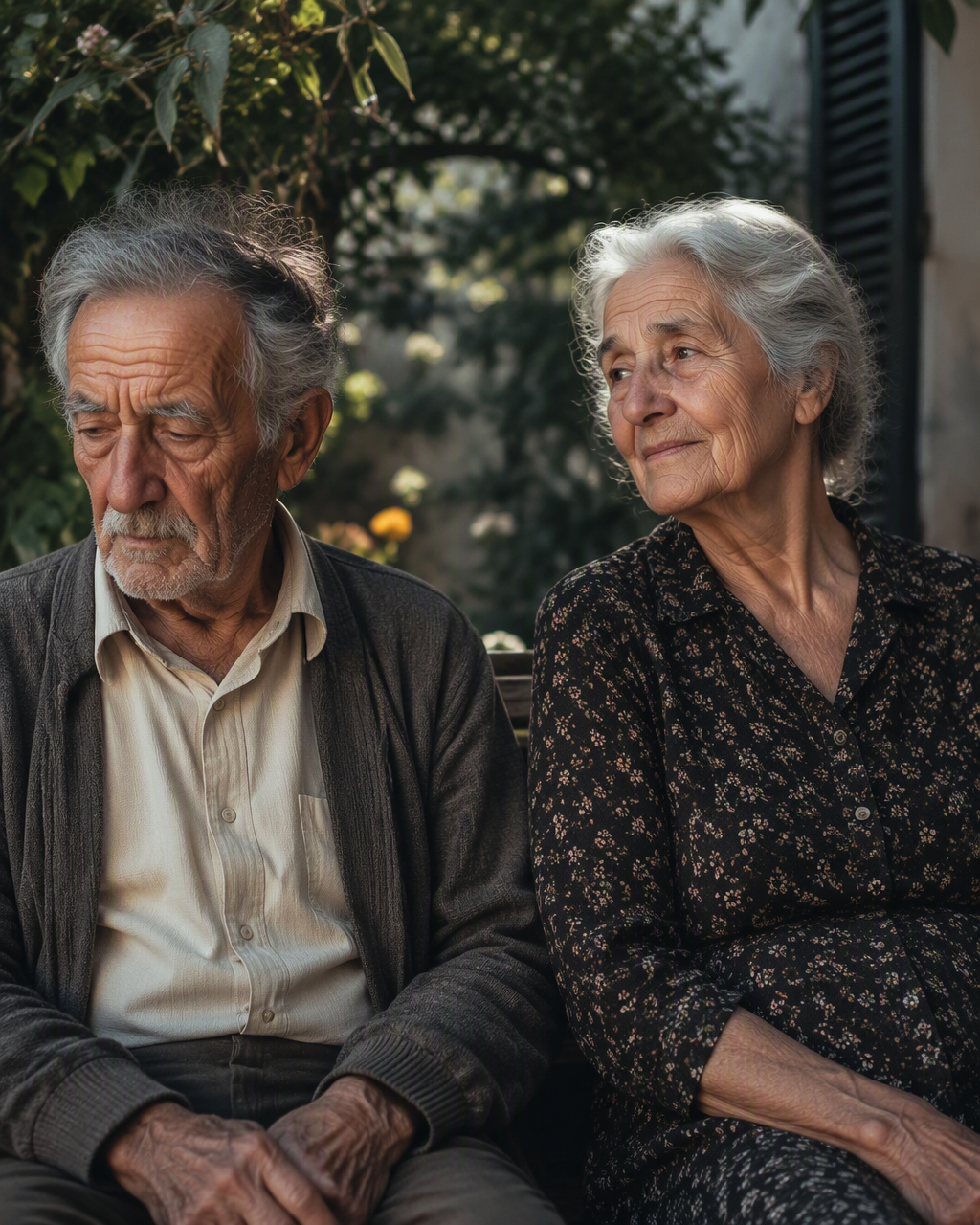 Hyper-realistic documentary portrait of two elderly peopl...