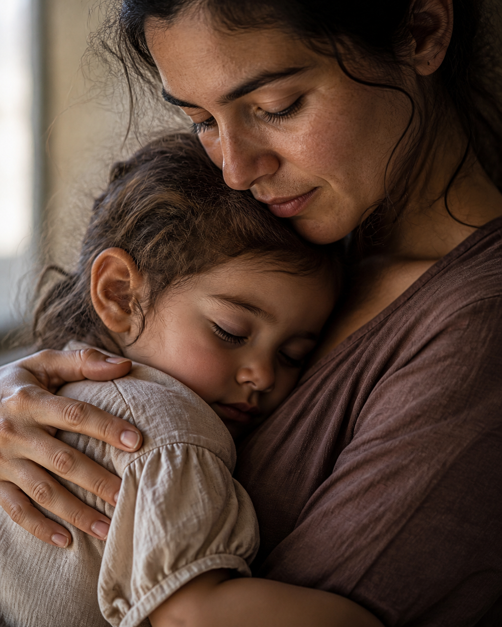 SUBJECT: a mother and child in a warm embrace, child's fa...