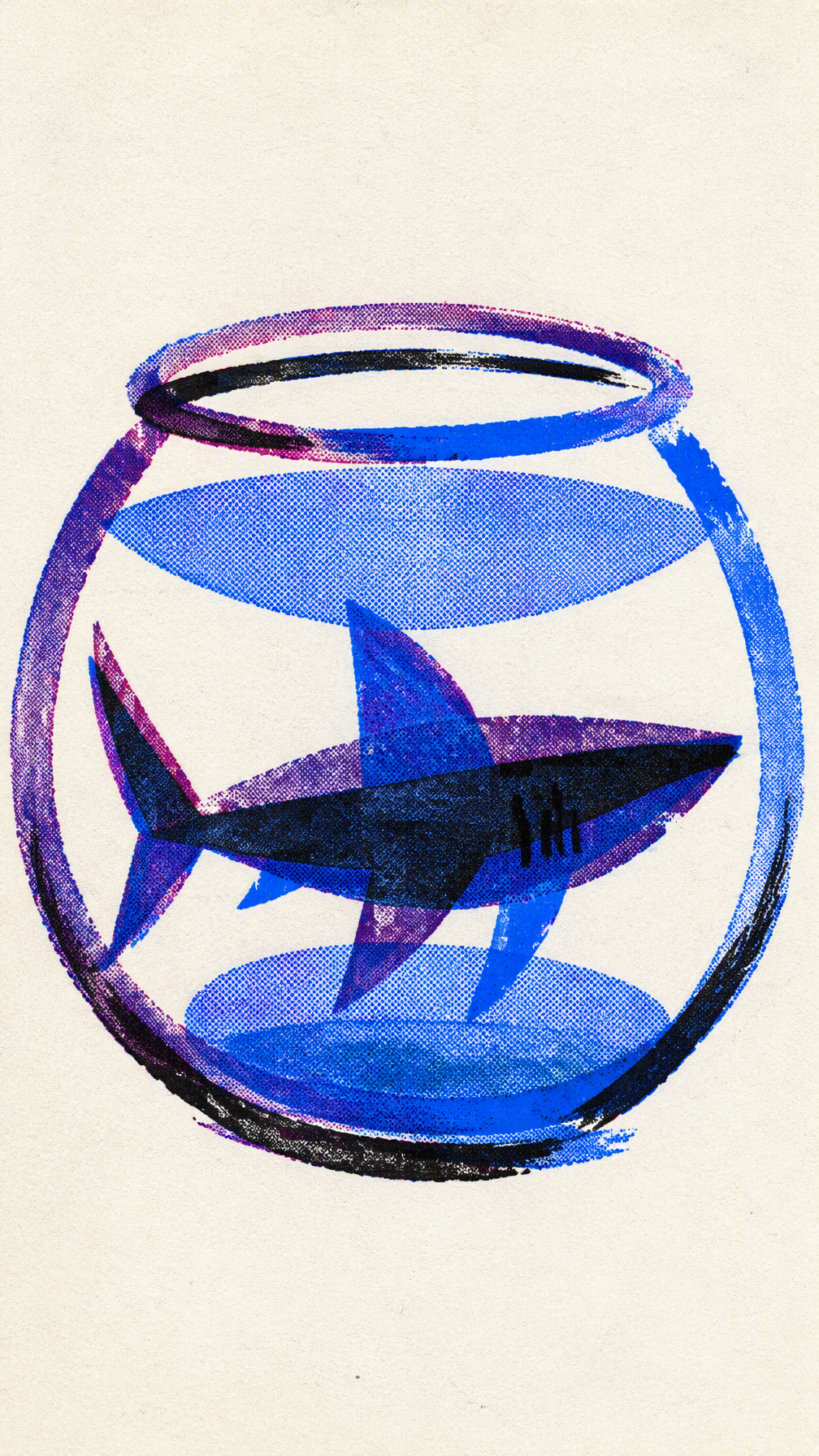 Risograph print, vertical composition. A single minimalis...