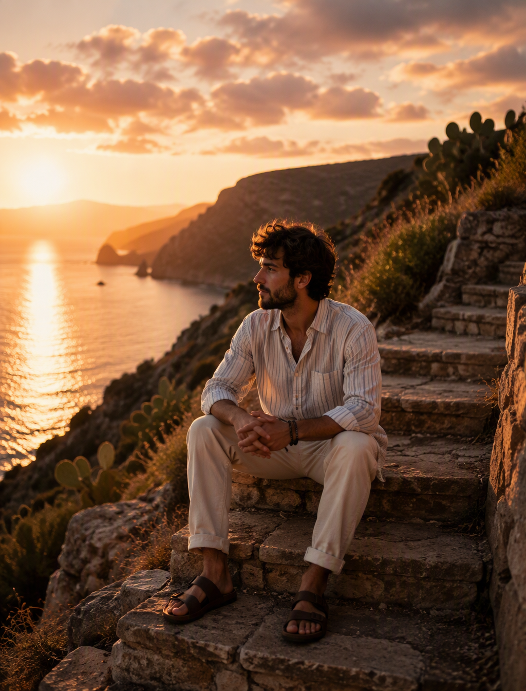 A young bearded man sits calmly on weathered stone steps ...