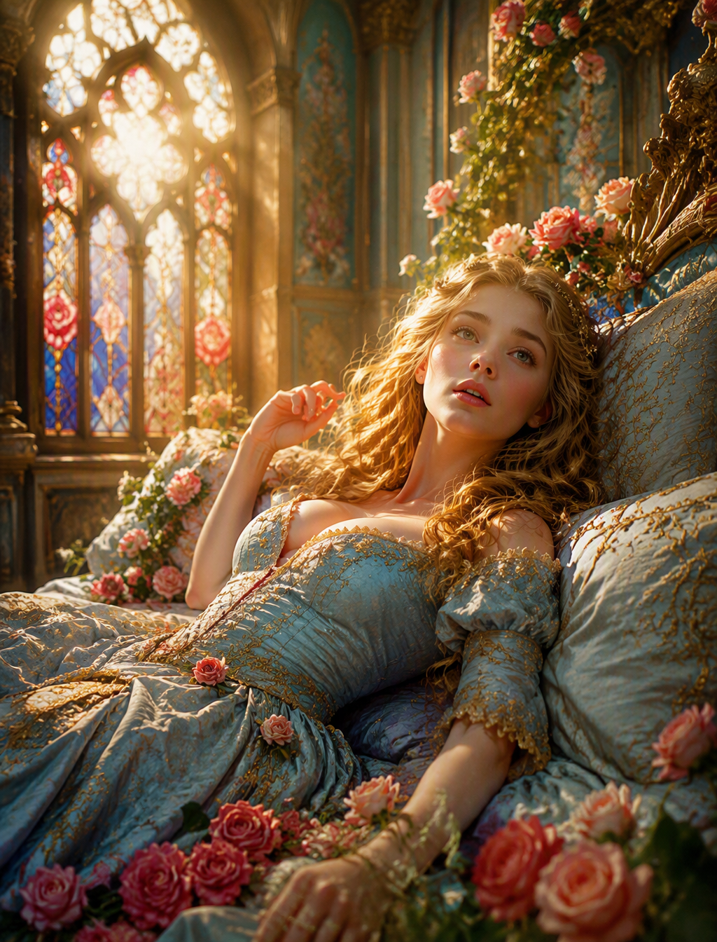 SUBJECT: a beautiful young woman waking from enchanted sl...