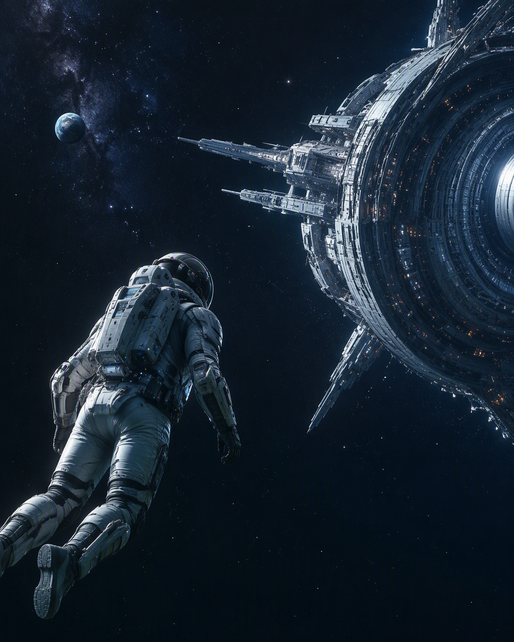 A hyper-realistic sci-fi scene: an astronaut in a sleek f...