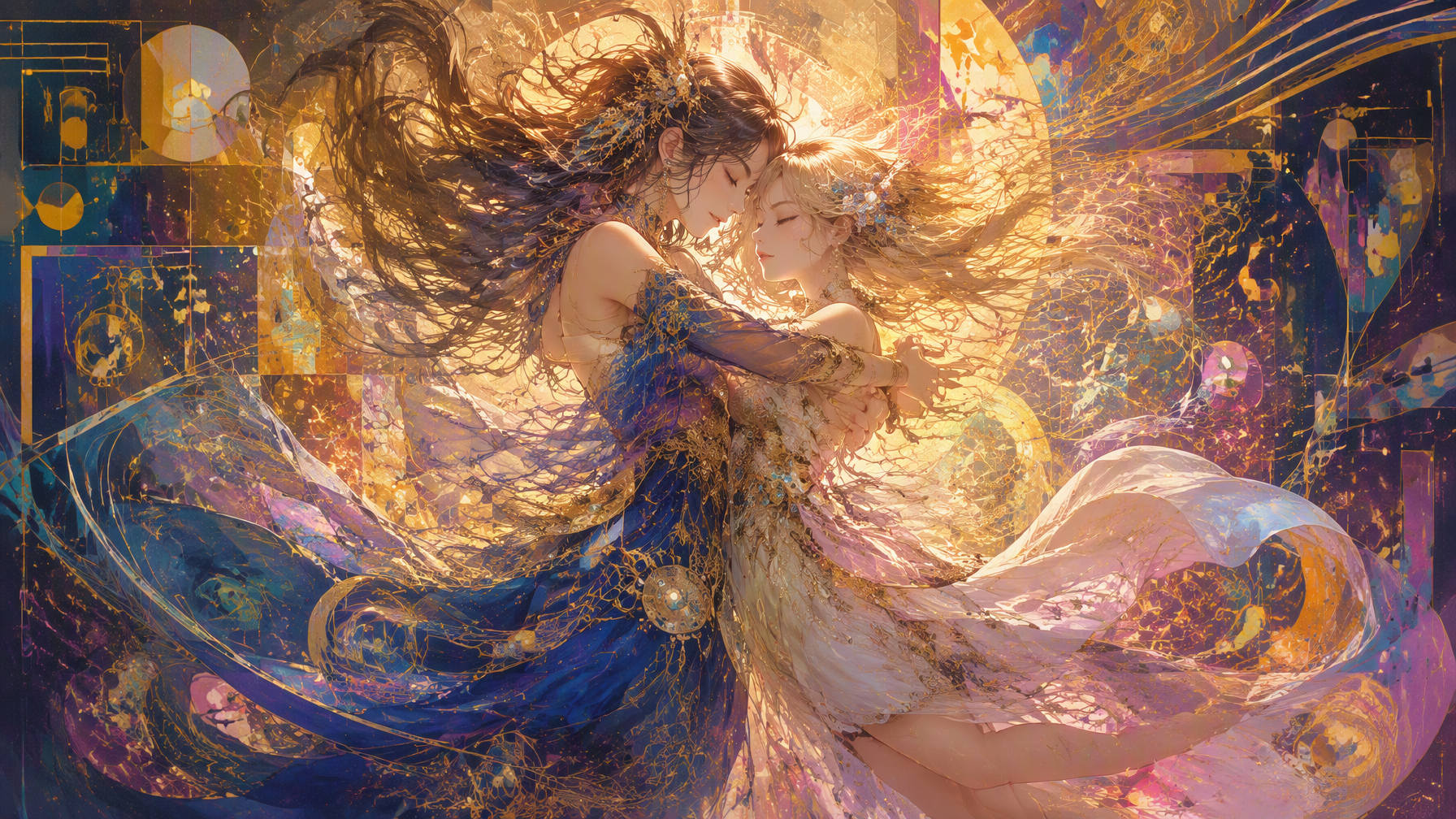 A meticulously detailed anime-style image of two girls em...