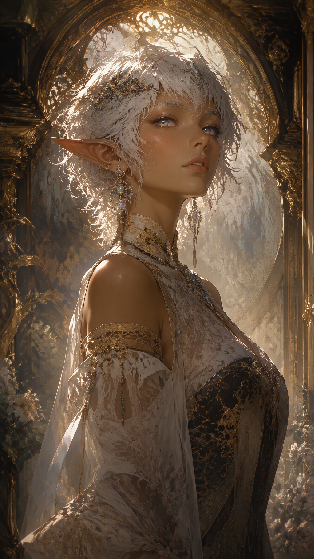 A highly detailed anime-style portrait of a elf girl with...