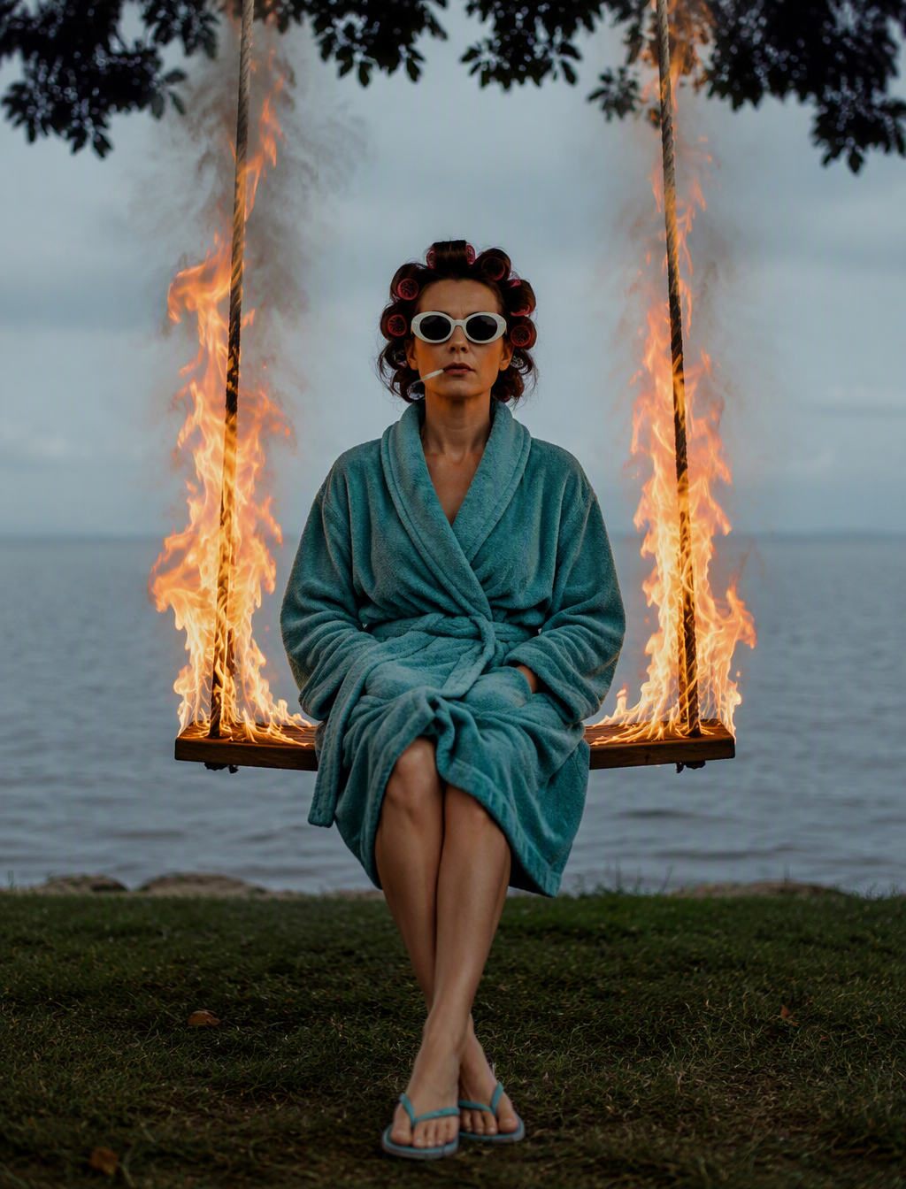 A woman sits motionless on a wooden swing above a grassy ...