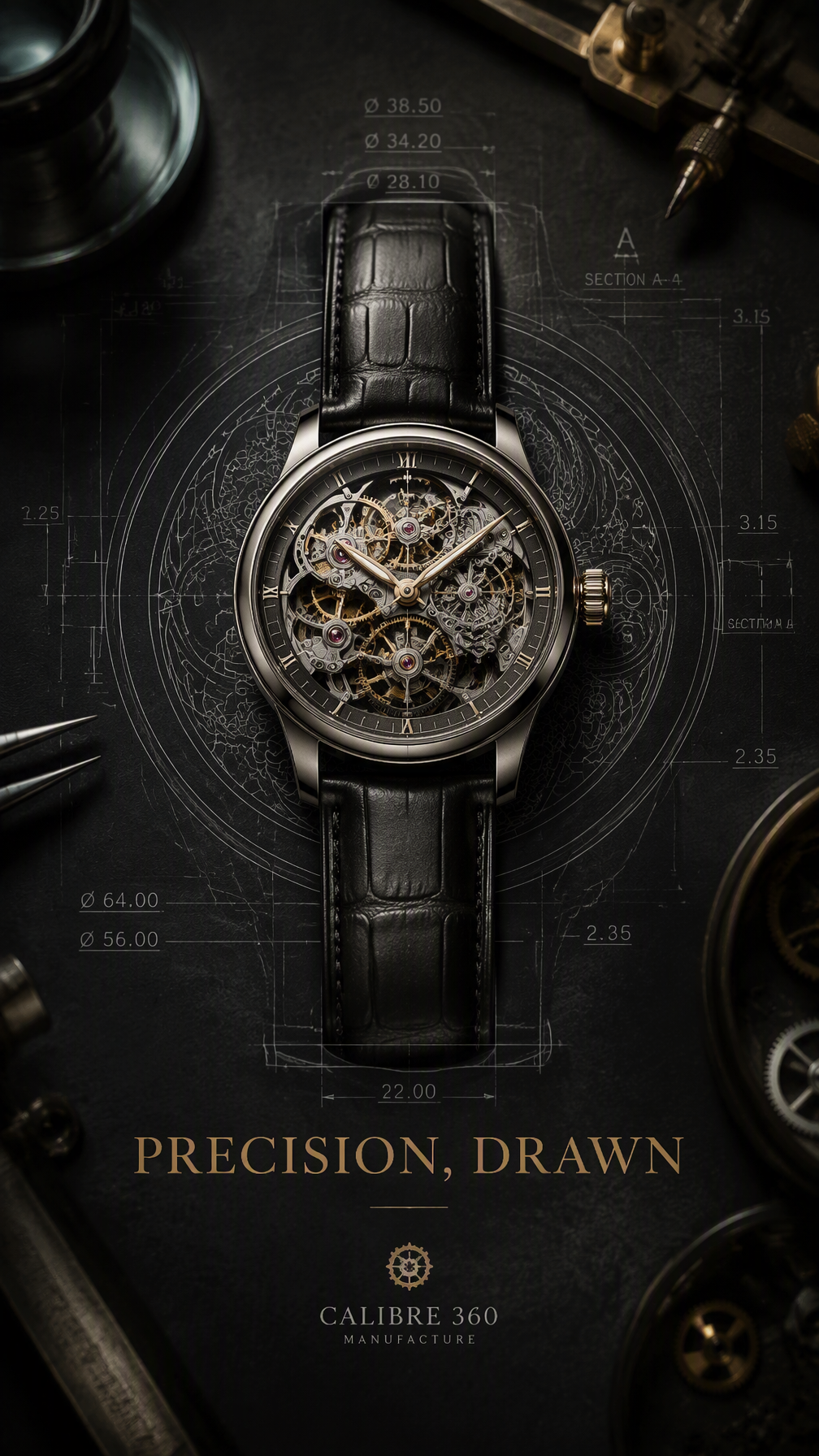 Premium 4:5 luxury watch advertising poster.A single mech...
