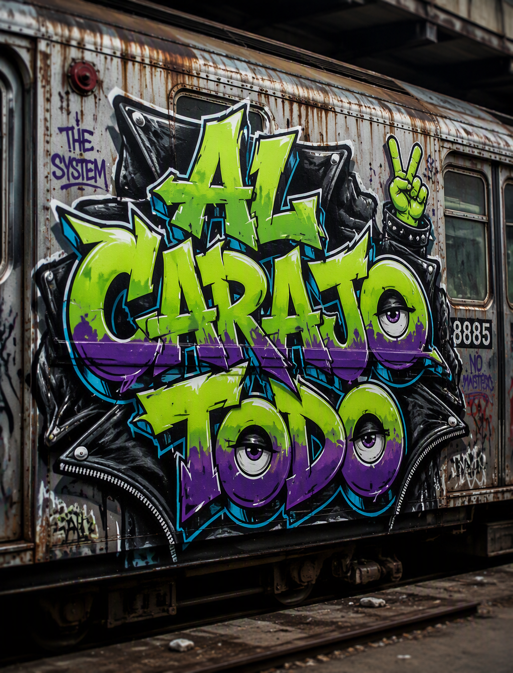 A complex, colorful urban graffiti "piece" spray-painted ...