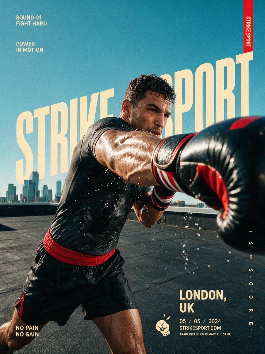 Create a full-bleed editorial action poster for STRIKE SP...