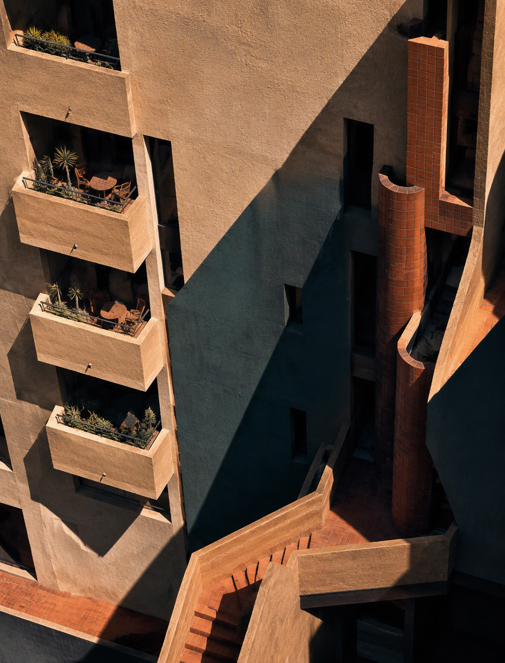 { "prompt": "Aerial high-angle view of a modernist buildi...