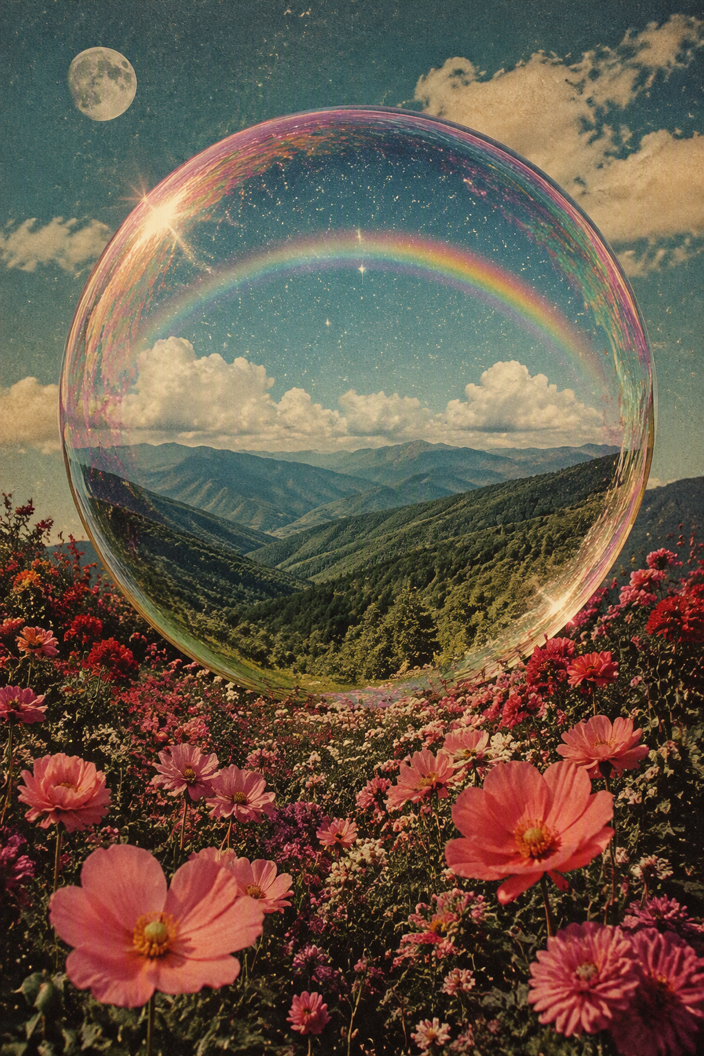 A surreal landscape collage features a large, iridescent ...