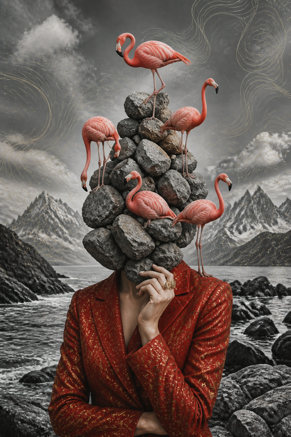 A surreal collage features a woman's head replaced by a p...