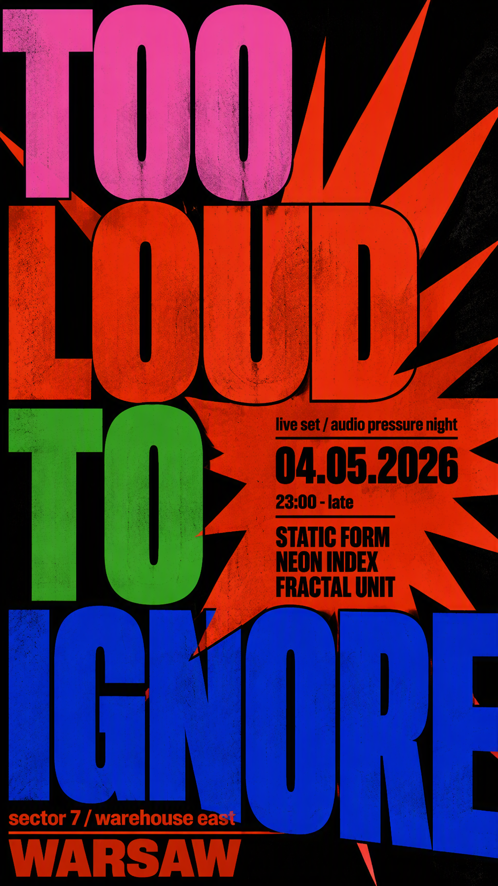 Bold graphic poster with large layered typography. High c...