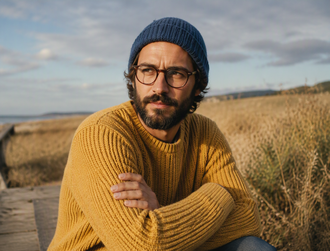 Medium shot of a man with glasses and beard wearing a blu...