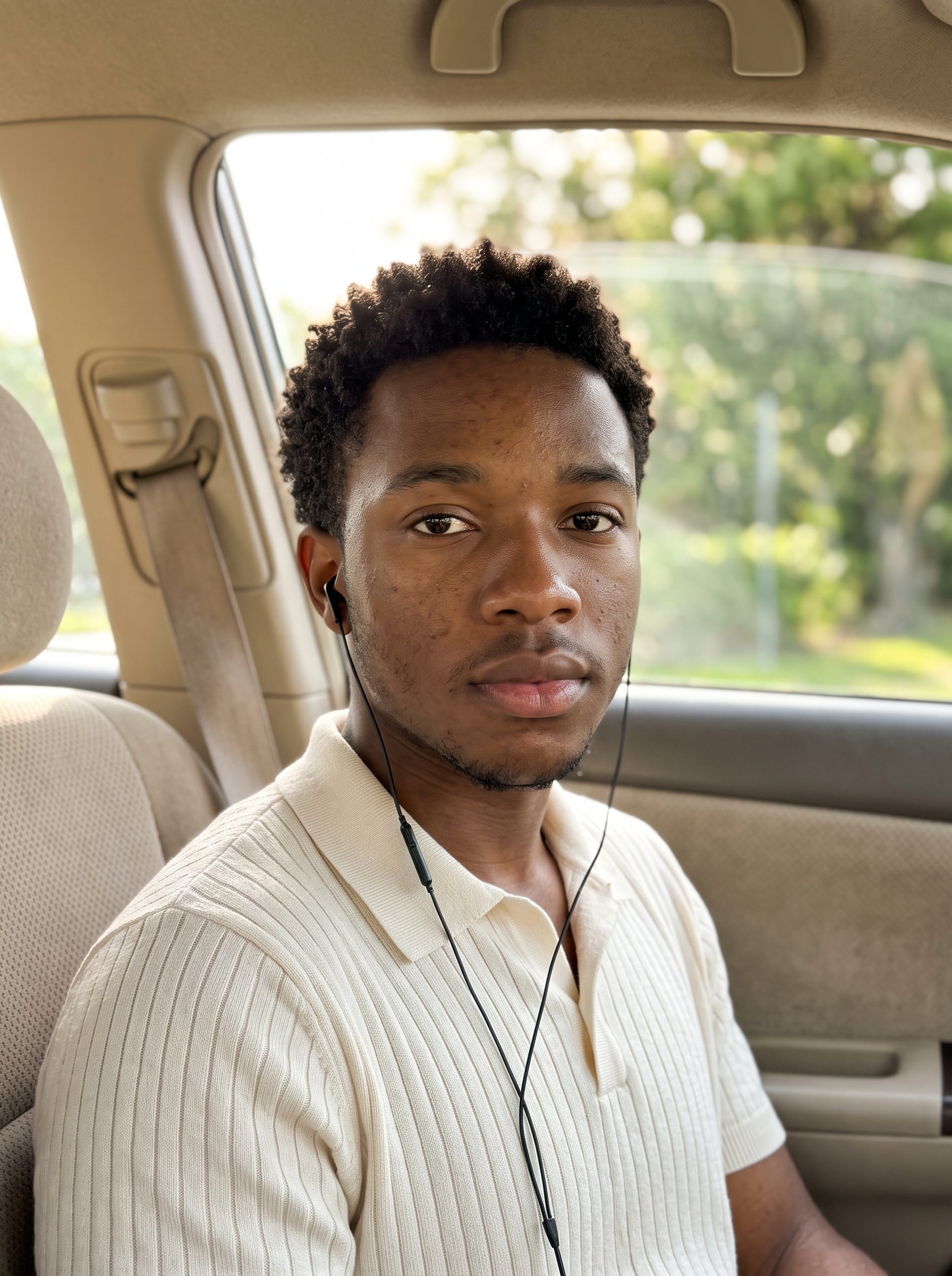 A young Black man sits upright in the front seat of a car...