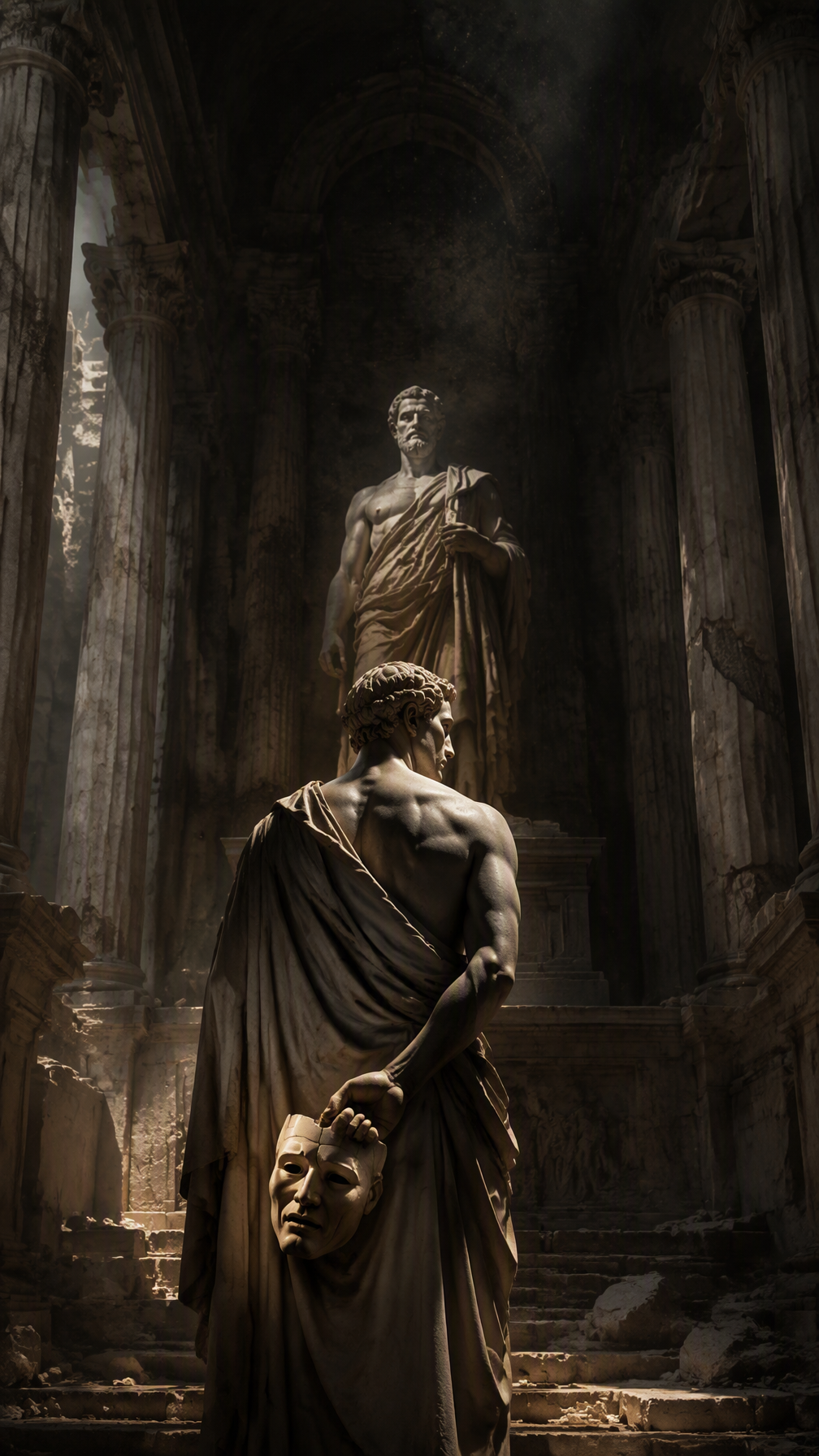 monumental classical marble sculpture in a vast ruined Gr...
