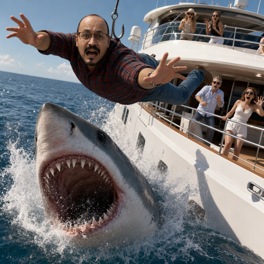 A stylized cinematic CGI scene captures a terrified beard...