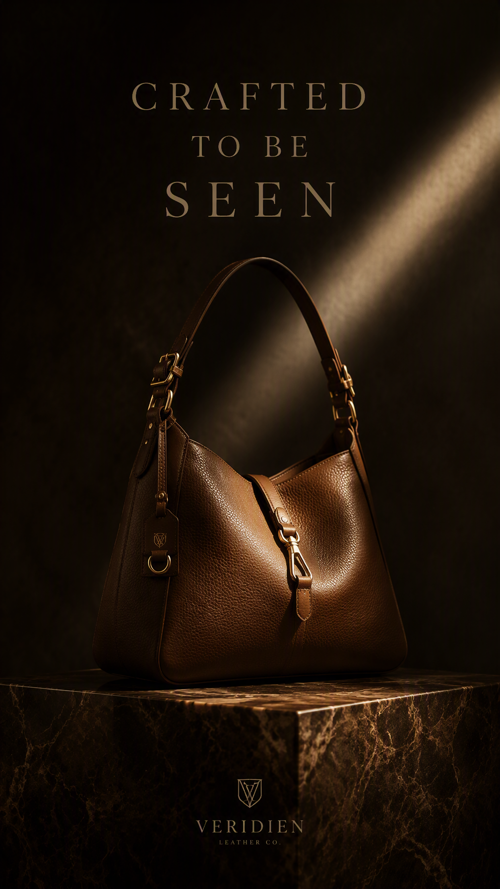 Premium 4:5 advertising poster for a luxury leather goods...