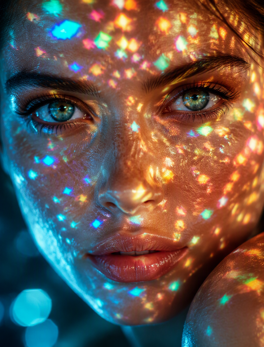 An extreme close-up portrait frames a woman’s face from f...