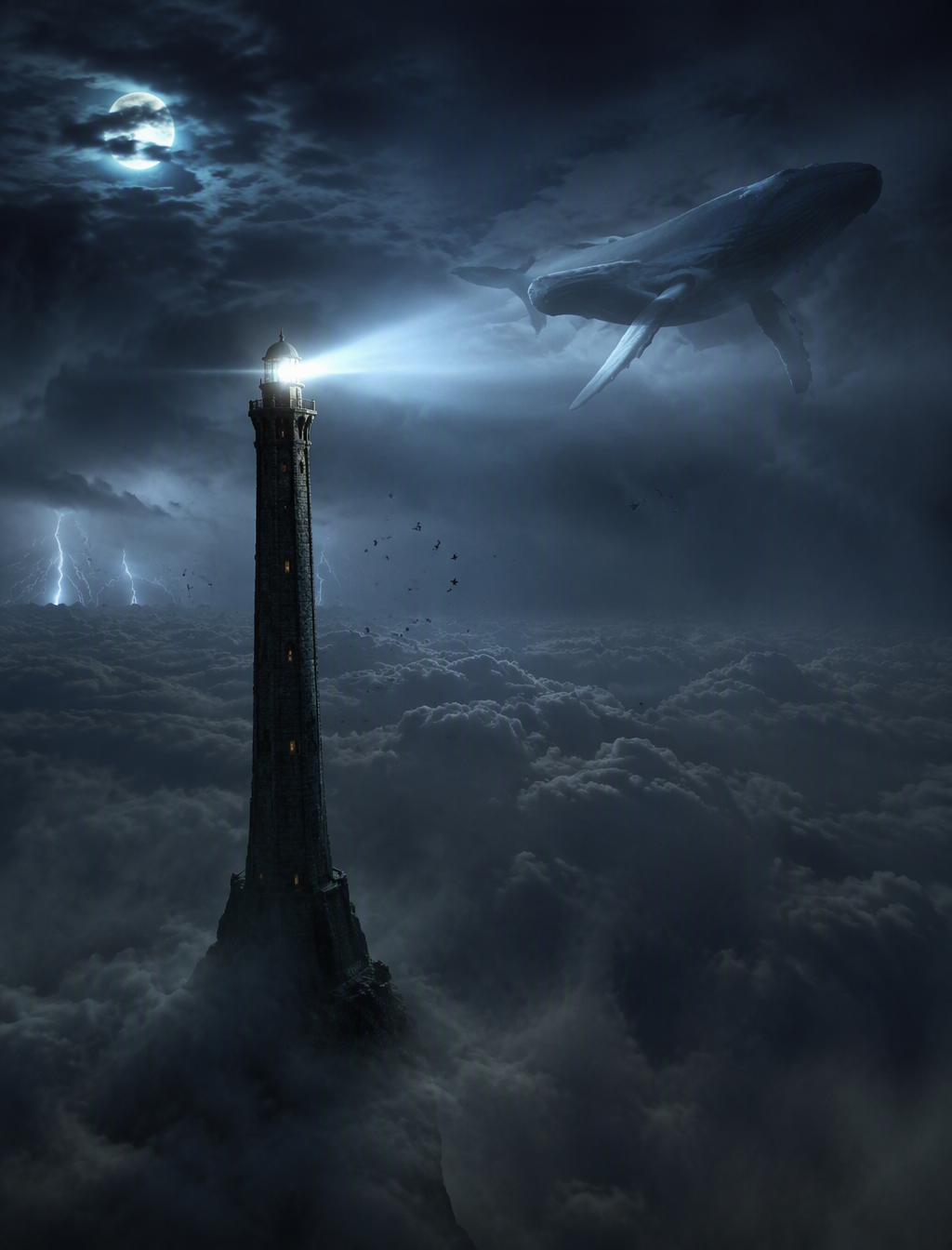 A colossal ancient lighthouse rising from a tiny rocky is...