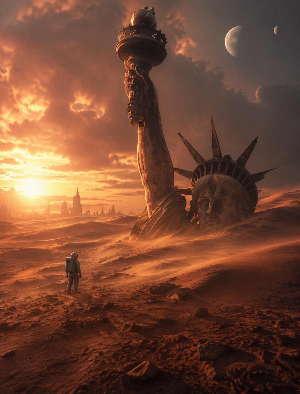 Photorealistic cinematic scene of a lone astronaut explor...