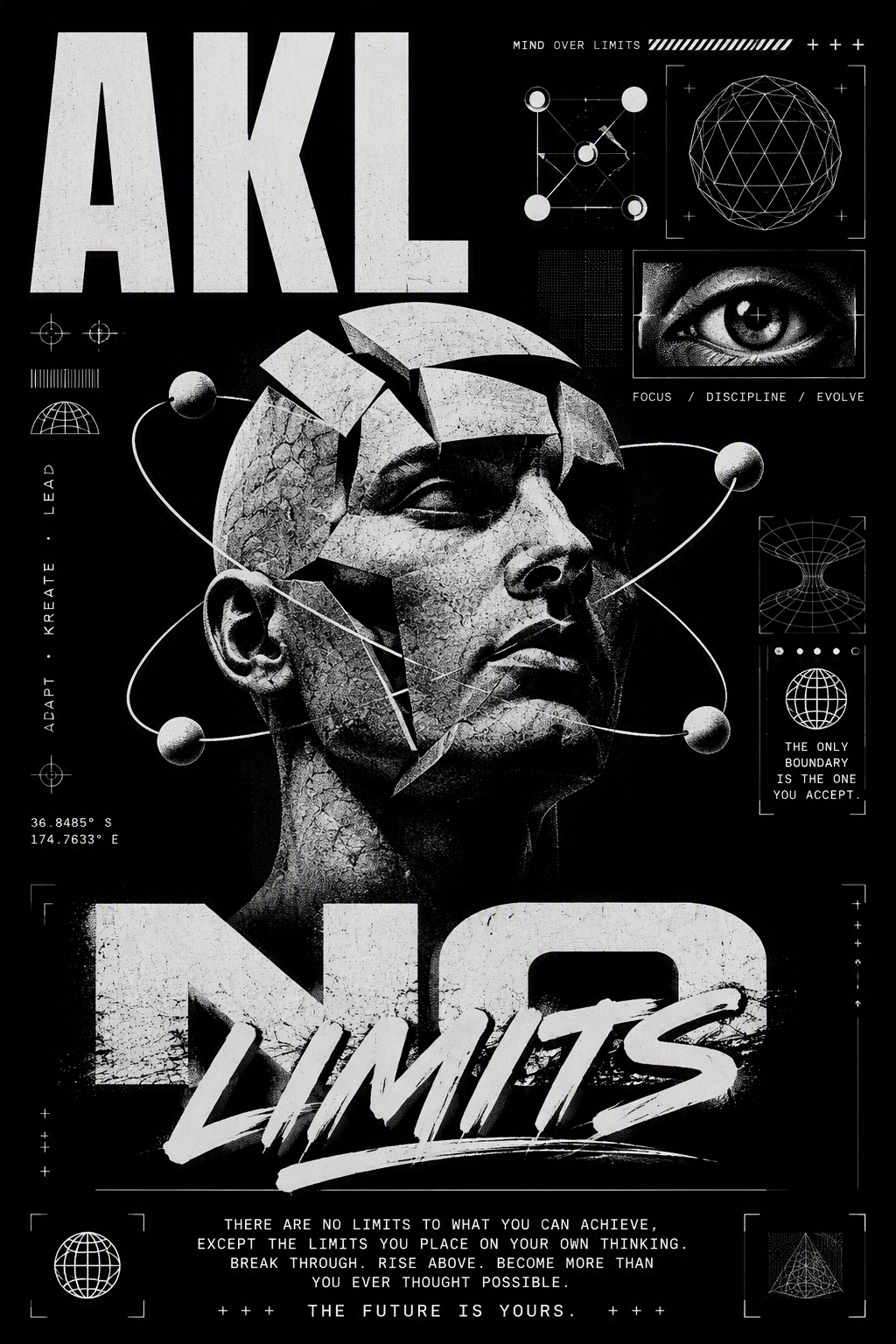 A black and white, high-contrast graphic design features ...