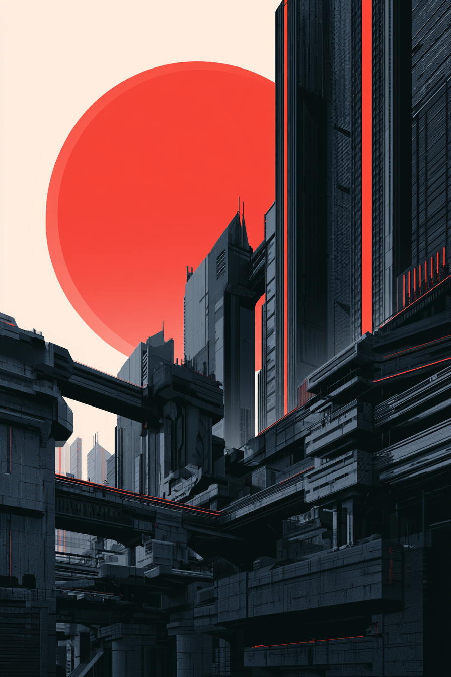 A stark, graphic illustration depicts a futuristic citysc...