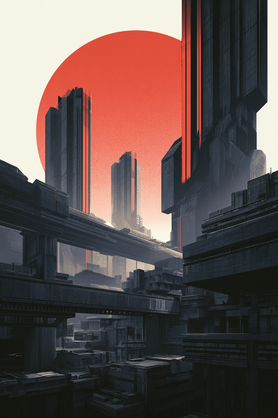 A stark, graphic illustration depicts a futuristic citysc... - alternate