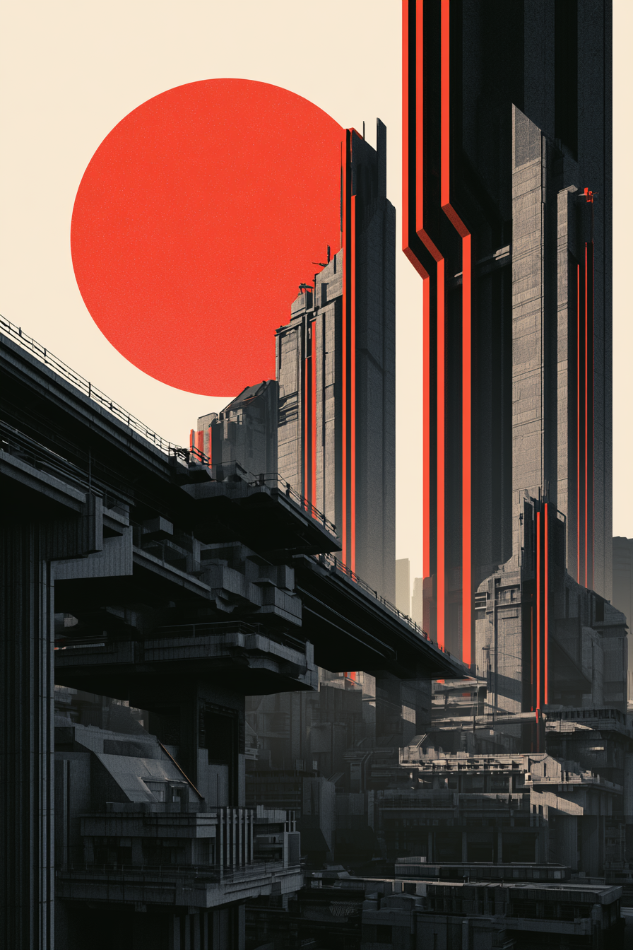 A stark, graphic illustration depicts a futuristic citysc... - alternate
