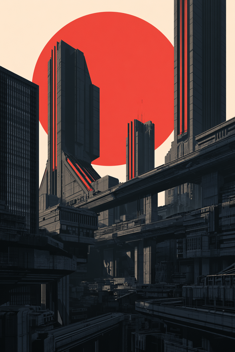 A stark, graphic illustration depicts a futuristic citysc... - alternate