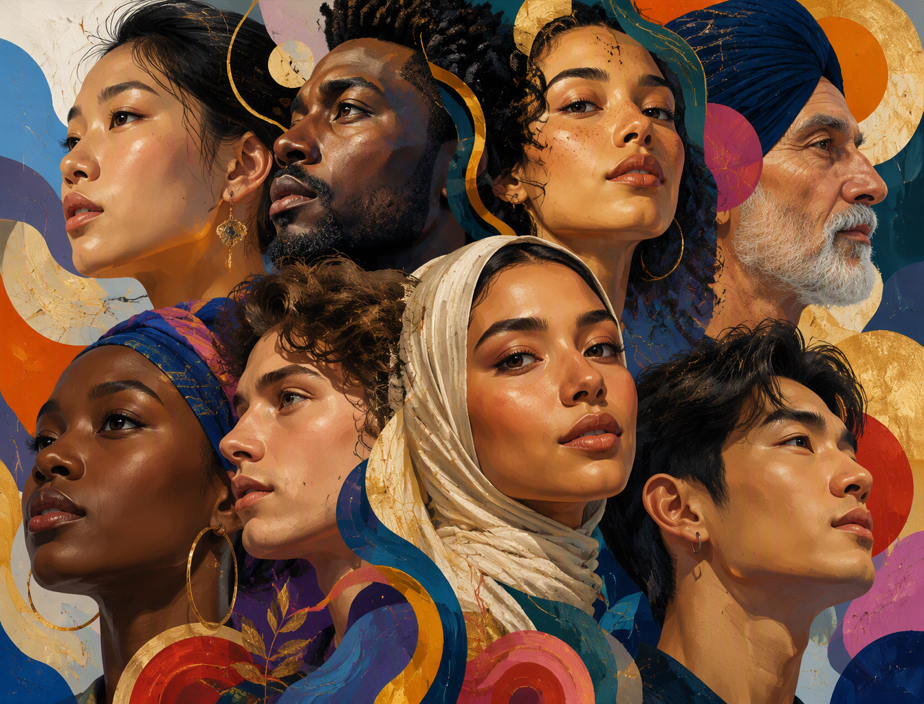 A collage of diverse faces, rendered in a vibrant, almost...