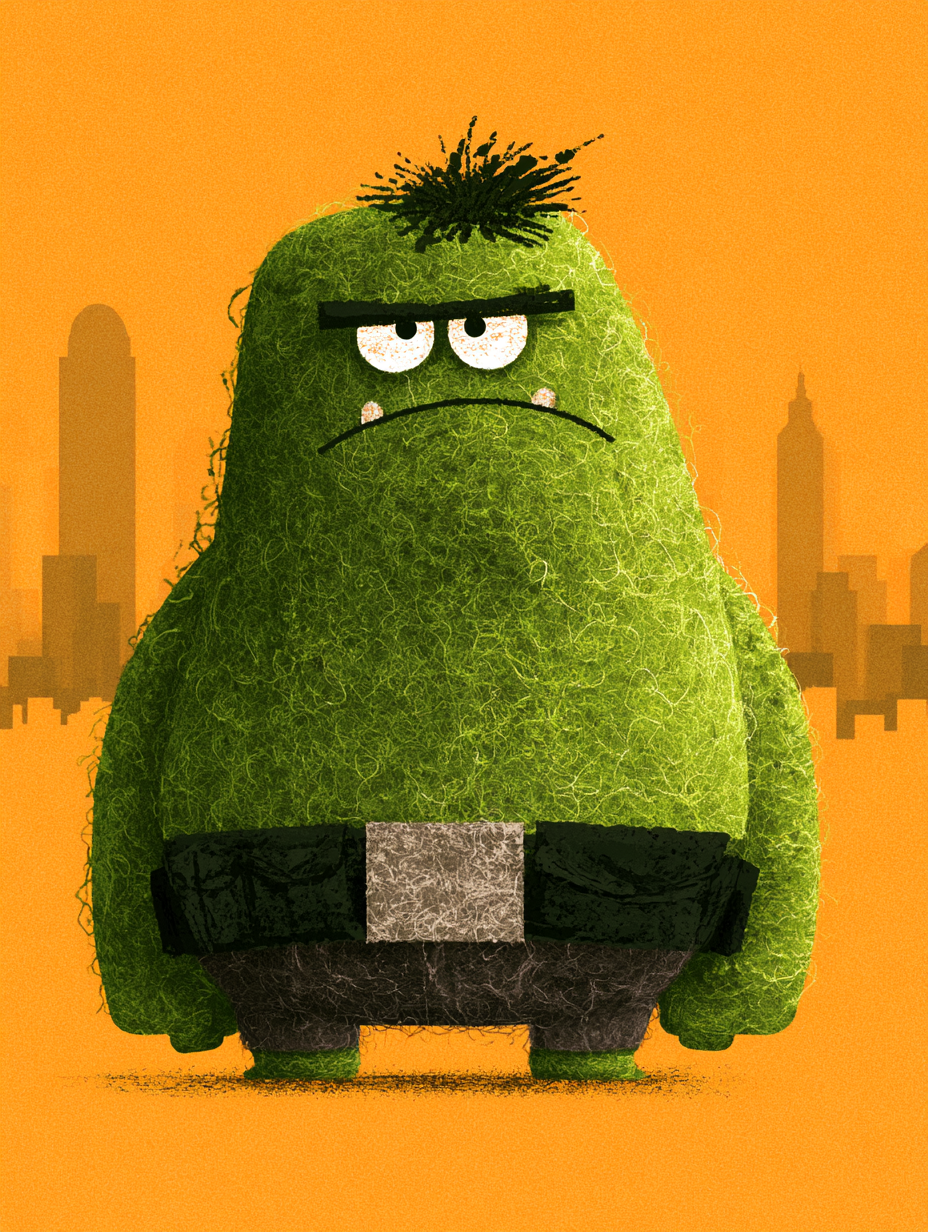 A stylized, rounded caricature of hulk stands centered ag...