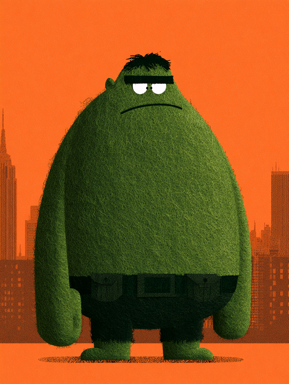 A stylized, rounded caricature of hulk stands centered ag... - alternate
