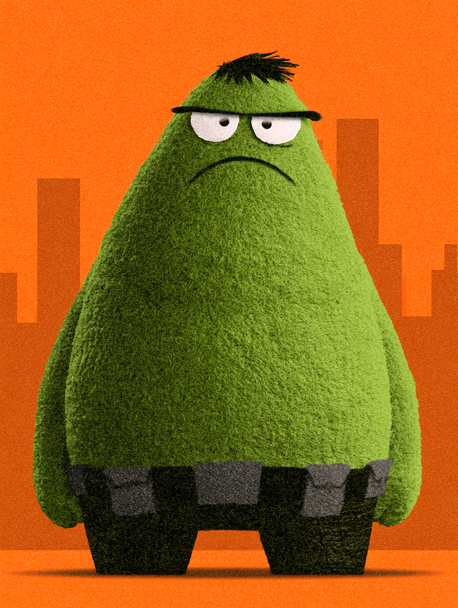 A stylized, rounded caricature of hulk stands centered ag... - alternate