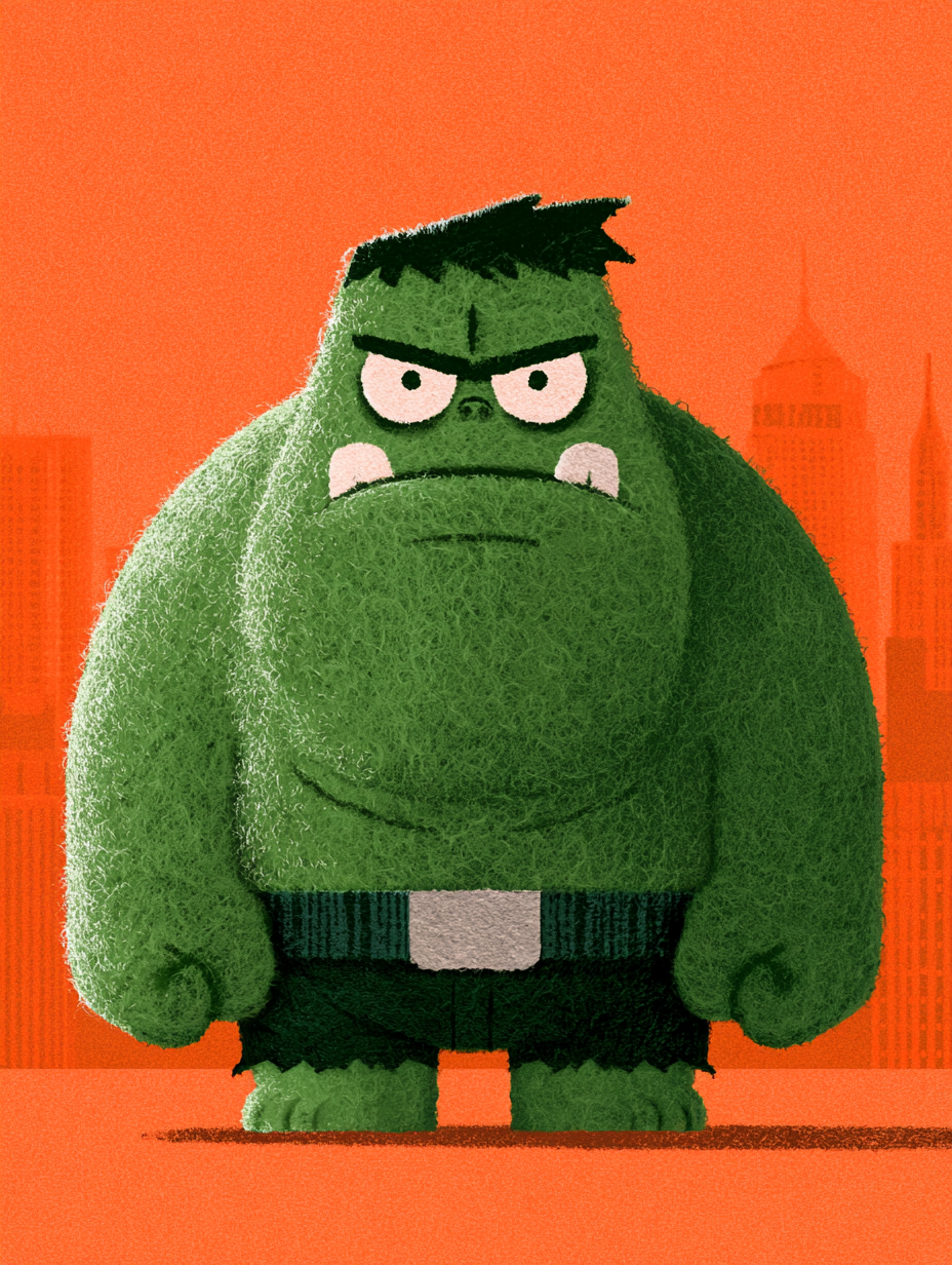 A stylized, rounded caricature of hulk stands centered ag... - alternate