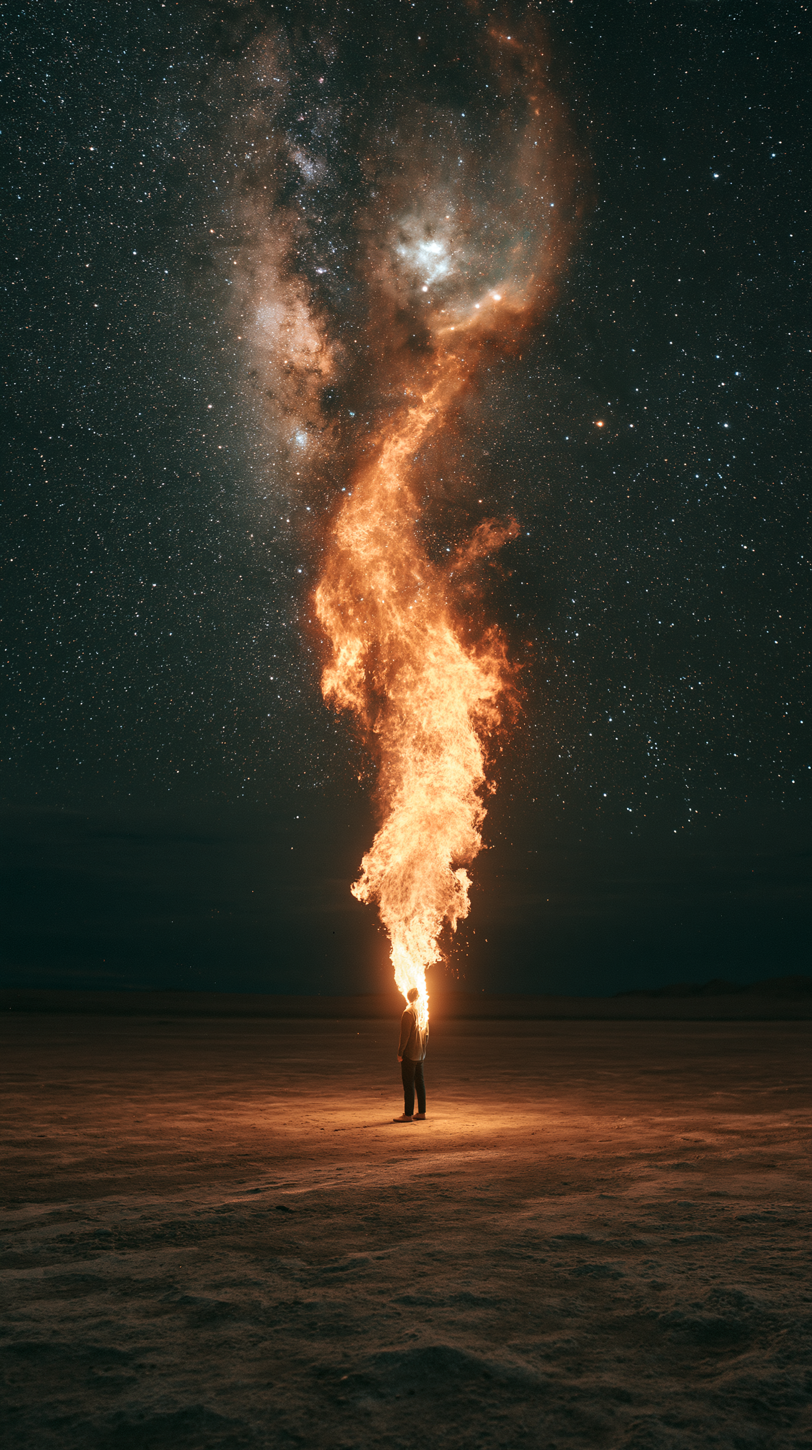 A lone man standing in a vast, dark desert salt flat. He ...