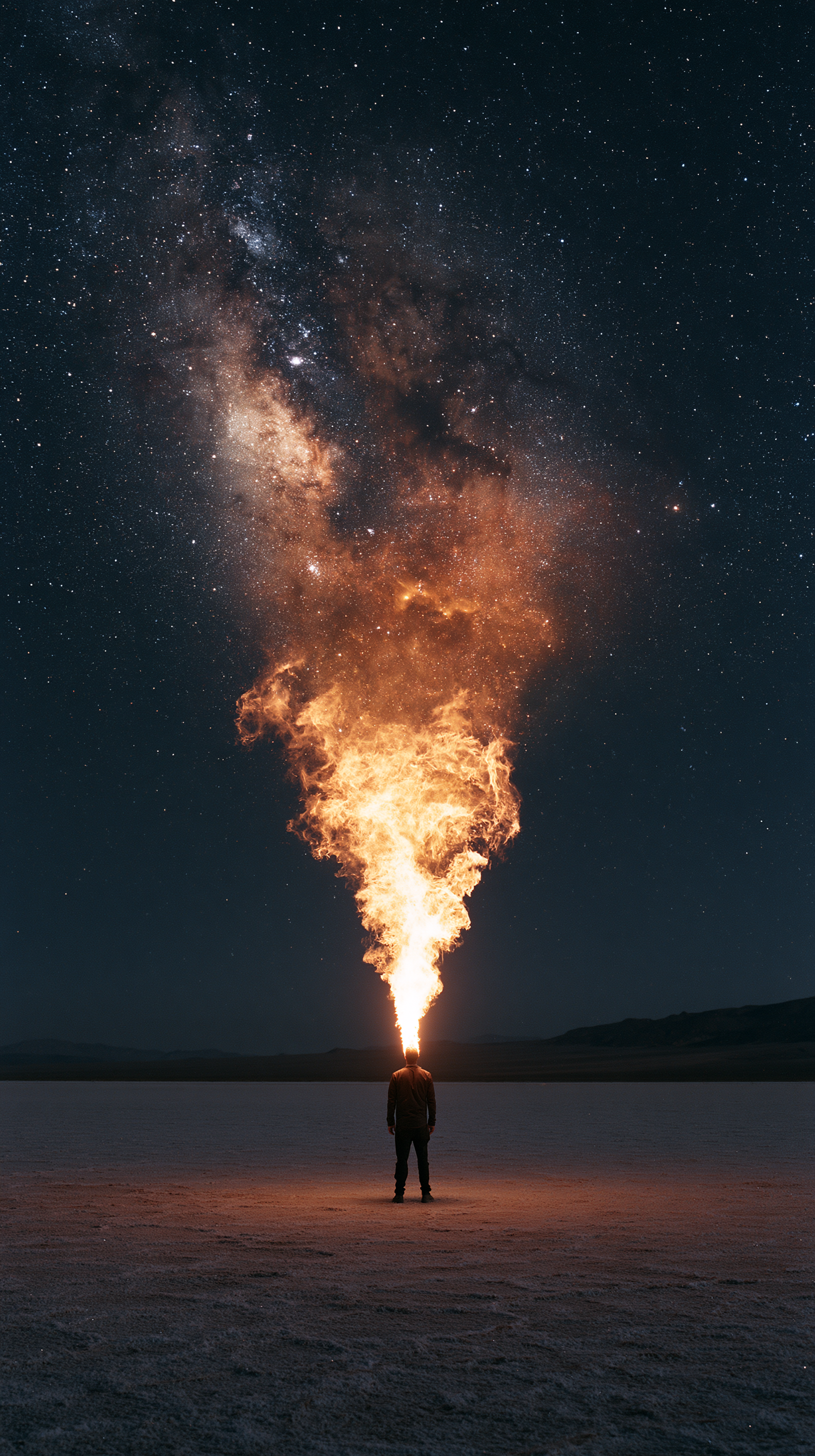A lone man standing in a vast, dark desert salt flat. He ... - alternate