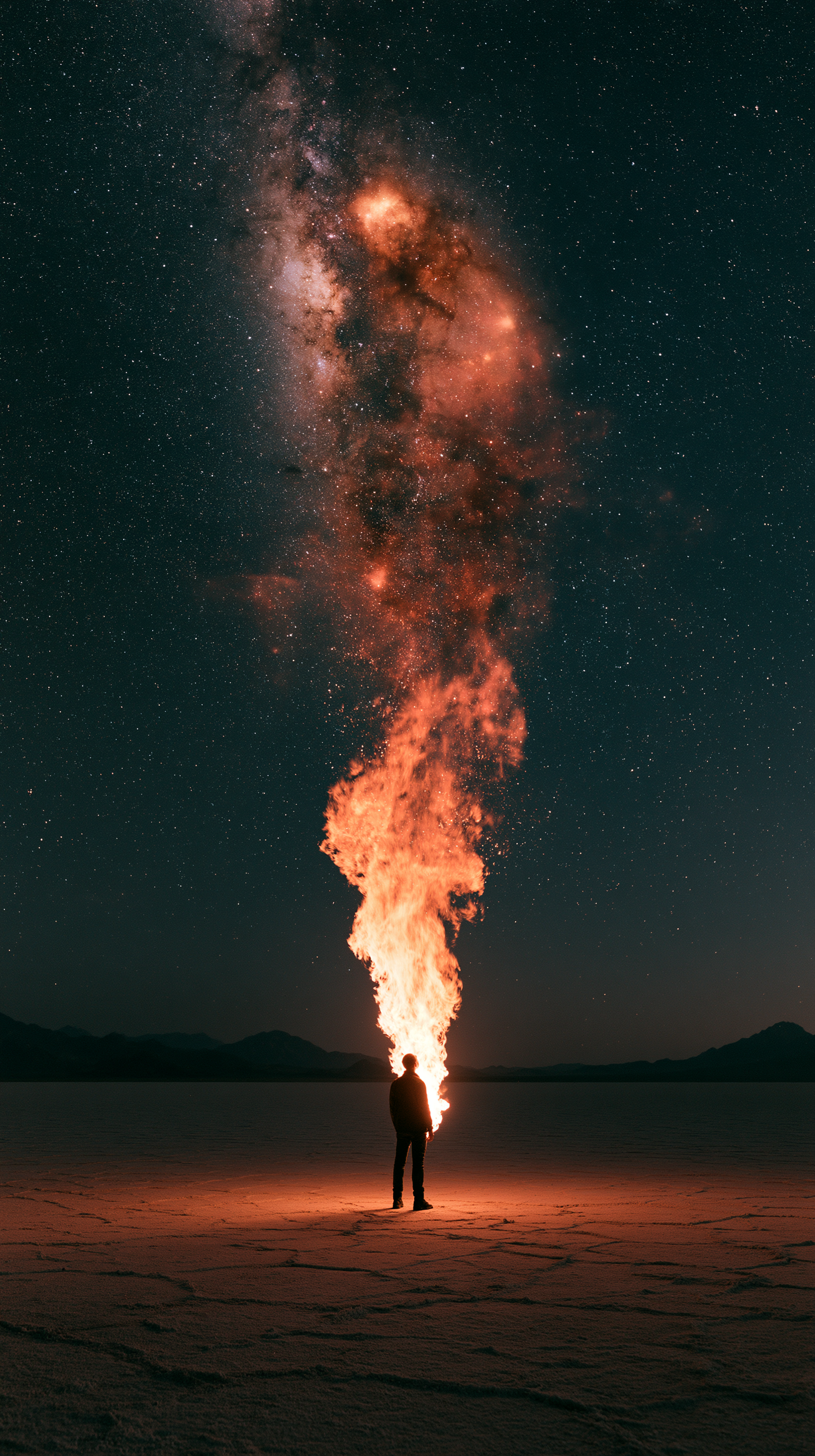 A lone man standing in a vast, dark desert salt flat. He ... - alternate
