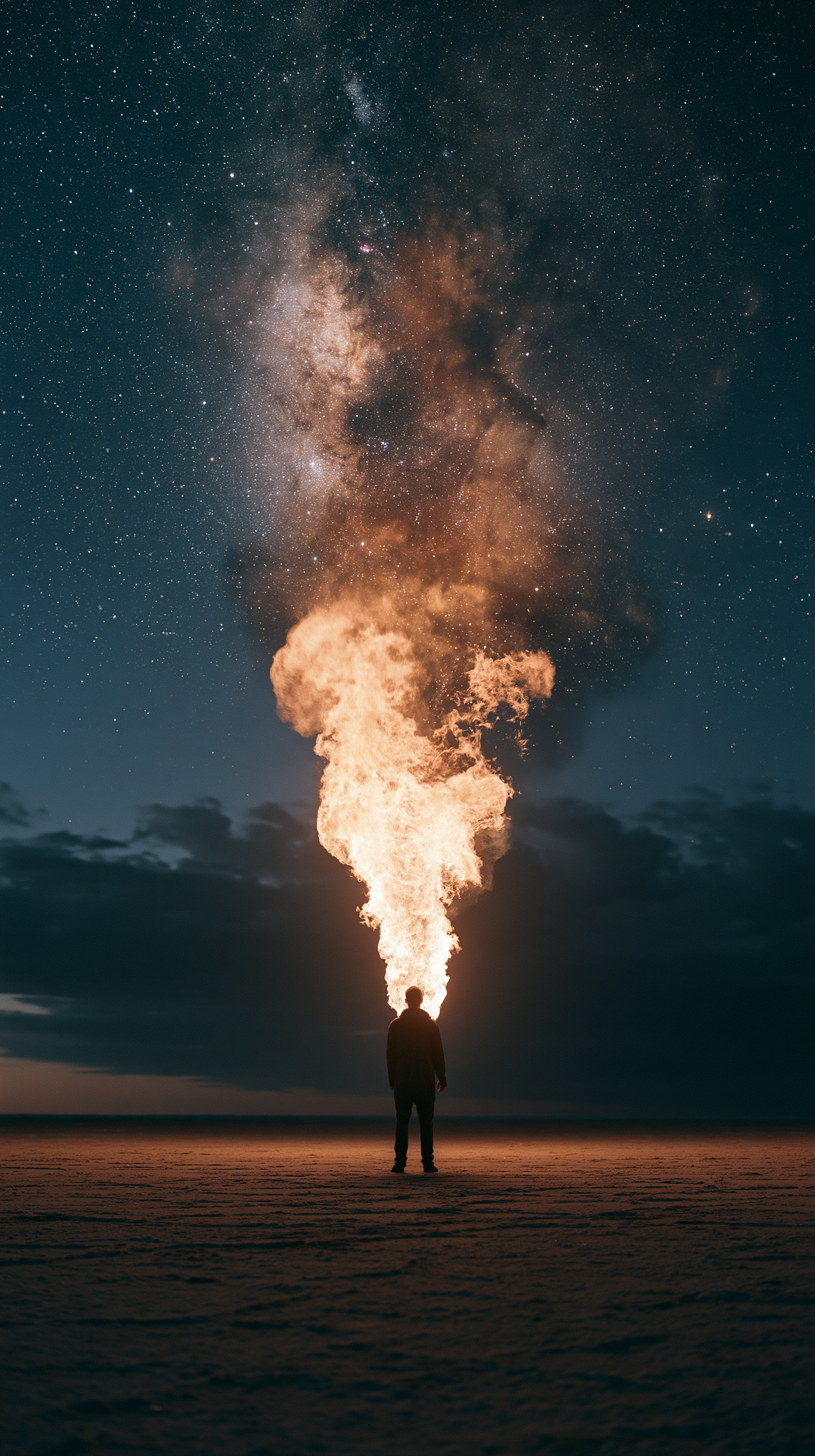 A lone man standing in a vast, dark desert salt flat. He ... - alternate