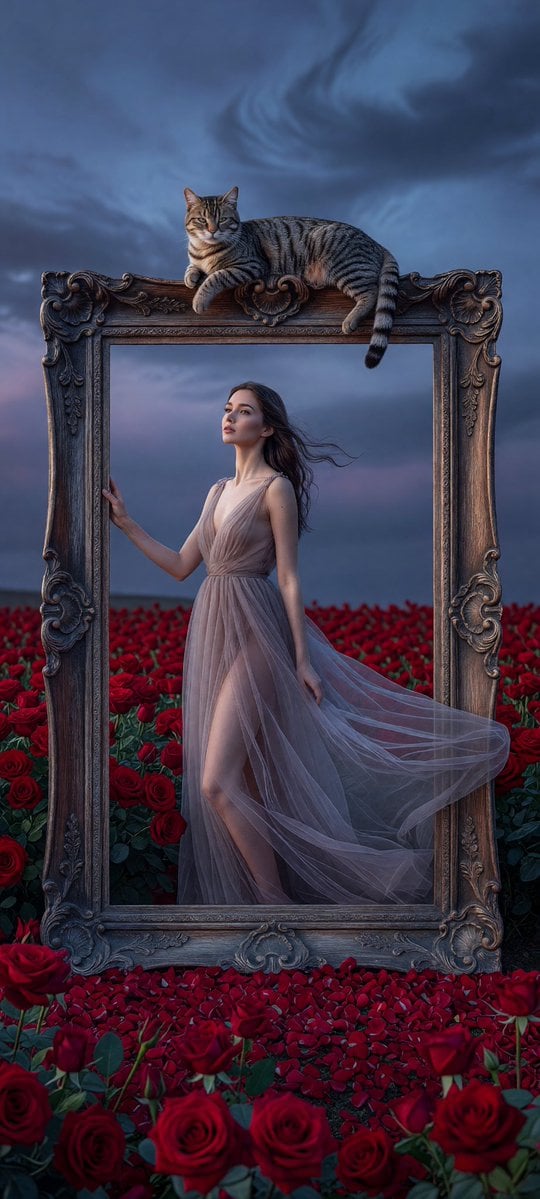 Cinematic surreal fine-art photography of an elegant woma...
