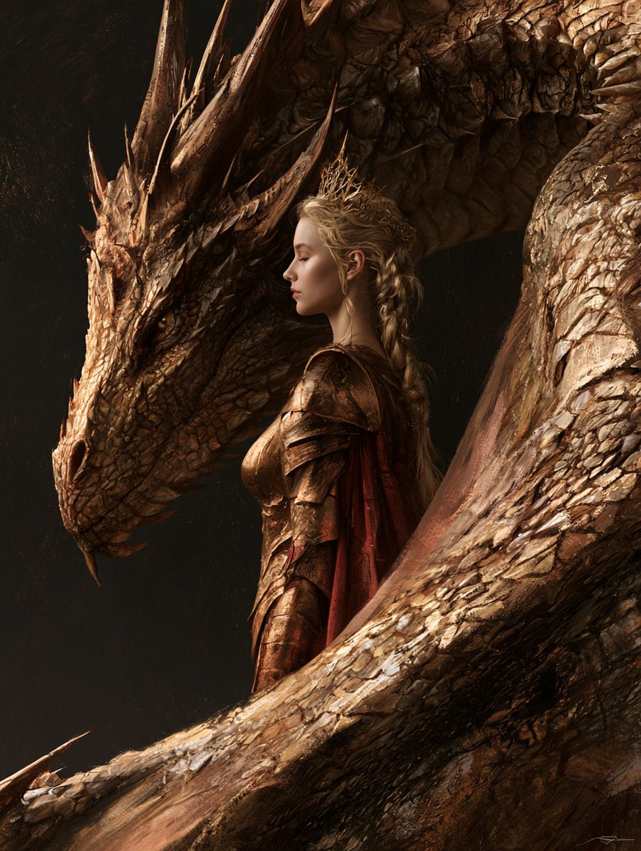 A fantasy digital painting of a warrior queen and a drago...